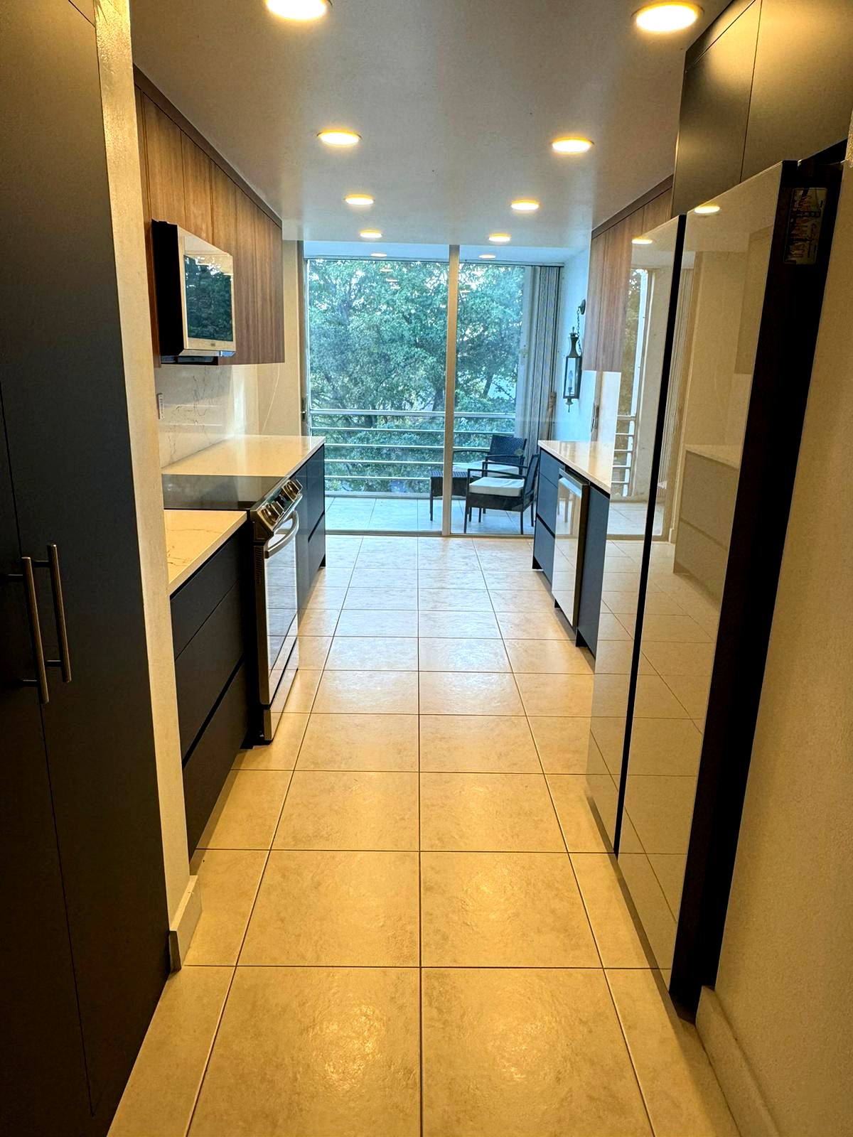 Modern kitchen with dark cabinets and quartz countertops