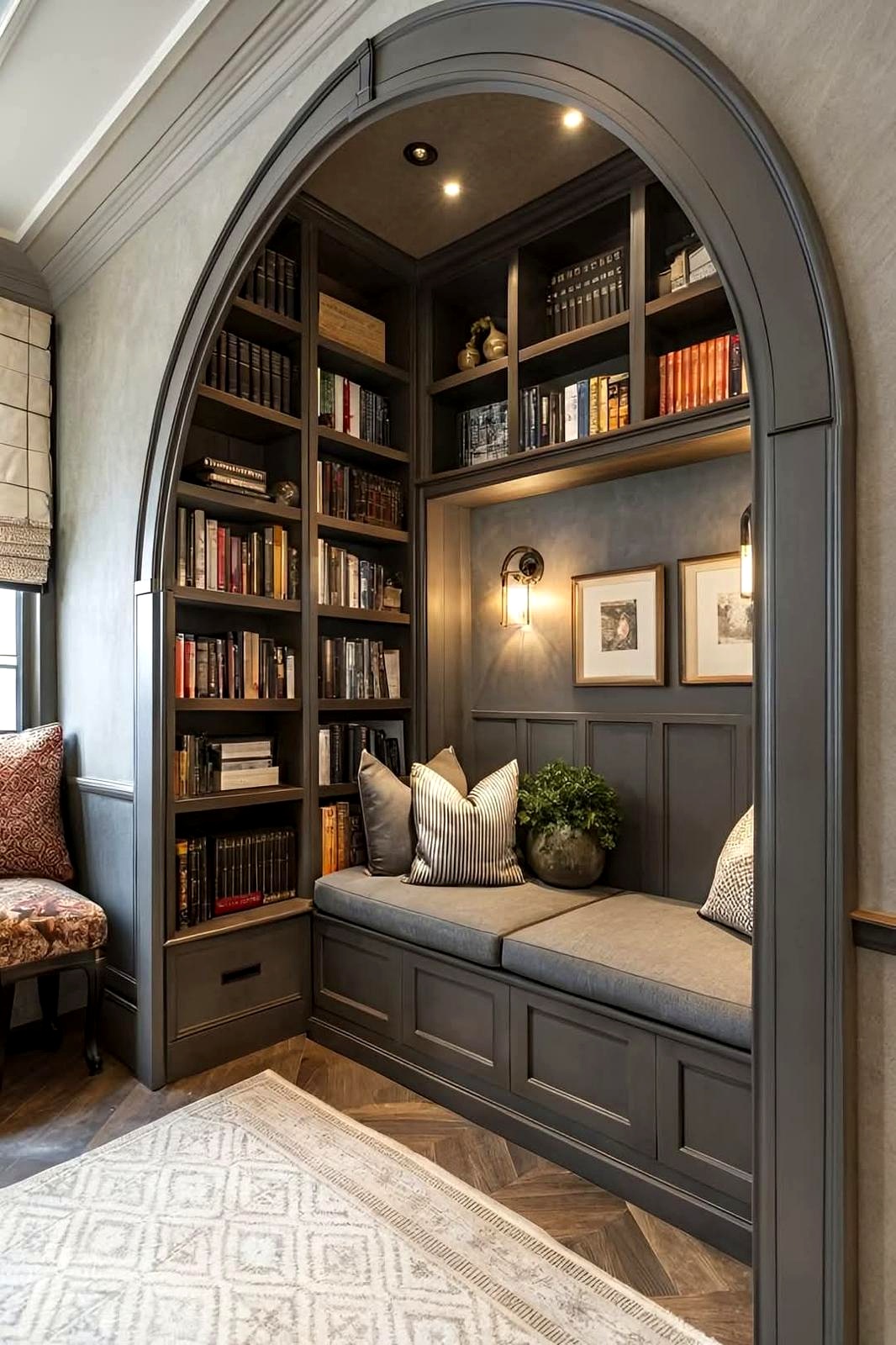 Custom built-in library nook with arched millwork and reading bench