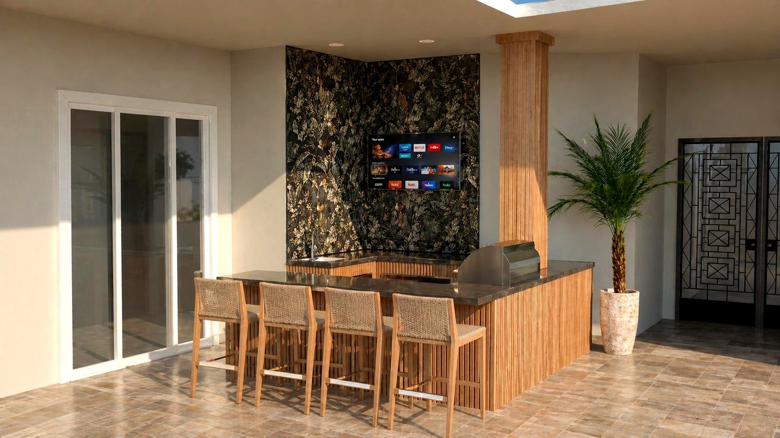 Custom outdoor kitchen with teak bar, granite countertop, and built-in grill, Delray Beach